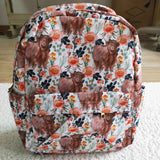 Highland Cow Orange Floral White Backpack