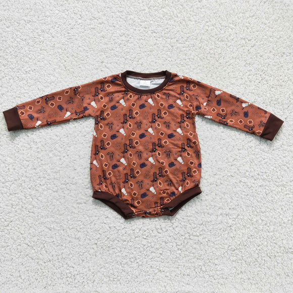 Aztec Highland Cow Boots Brown Boys Fall Romper