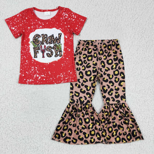 Crawfish Letters Leopard Print Red Girls Short Sleeve+Trousers Sets