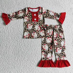 Santa Leopard Print Red Ruffles Girls Christmas Pajamas