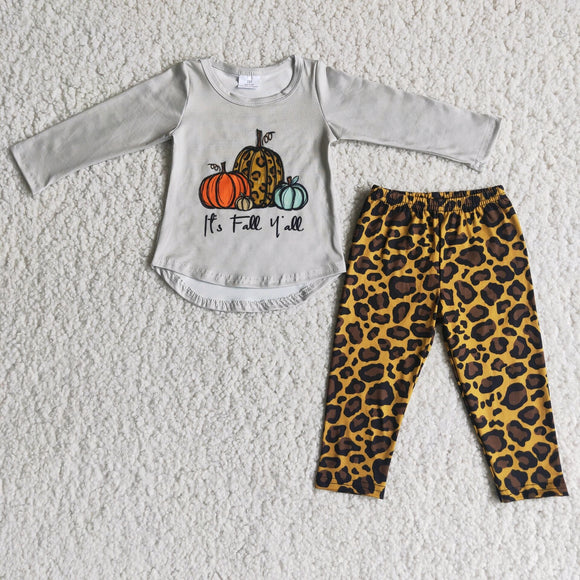 Leopard Print Pumpkin Gray Girls Long Sleeve+Trousers Sets