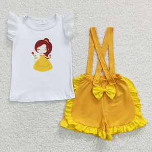 Cartoon Princess Yellow Suspenders Girls Shorts Sets