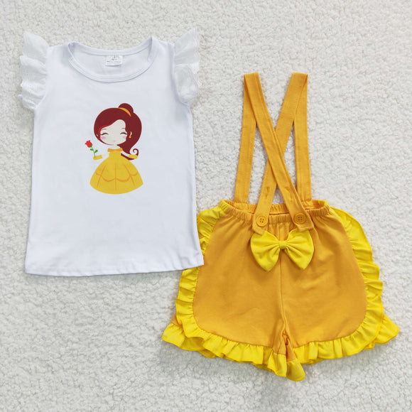 Cartoon Princess Yellow Suspenders Girls Shorts Sets