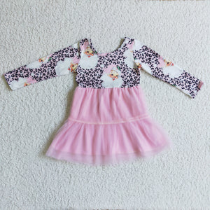 Promotional Santa Leopard Print Pink Gauze Girls Christmas Dress