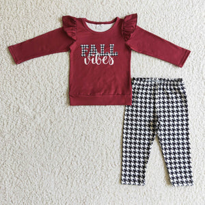 Fall Vibes Letters Plaid Houndstooth Dark Red Girls Long Sleeve+Trousers Sets