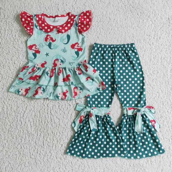 Mermaid Bows Red Green Girls Short Sleeve+Trousers Sets