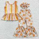 Orange Stripe Floral Girls Short Sleeve+Trousers Sets