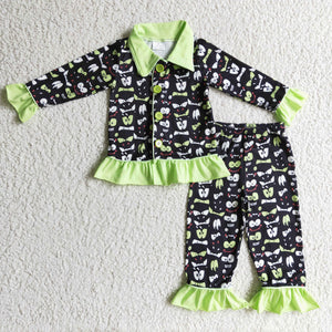 Cartoon Green Collar Black Girls Long Sleeve Pajamas