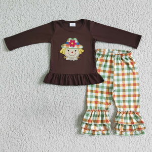 Scarecrow Plaid Brown Girls Long Sleeve+Trousers Sets