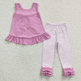 Stripe Solid Ruffles Pink Girls Short Sleeve+Trousers Sets