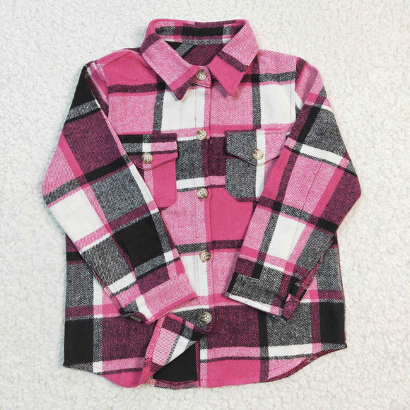 Pockets Hot Pink Gray Plaid Shirt Girls Long Sleeve Top