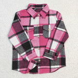 Pockets Hot Pink Gray Plaid Shirt Girls Long Sleeve Top