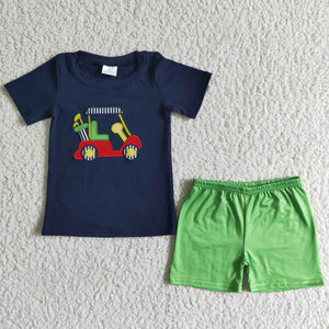 Green Tractor Embroidery Navy Boys Shorts Sets