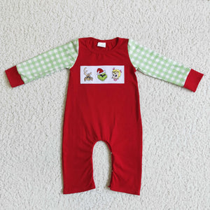 Cartoon Embroidery Green Plaid Red Boys Christmas Romper