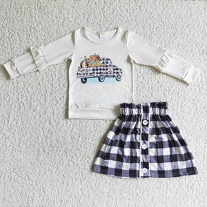 Farm Fresh Truck Pumpkin Black Plaid Skirts Girls Skirt Sets