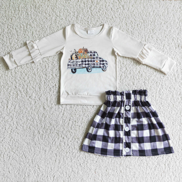 Farm Fresh Truck Pumpkin Black Plaid Skirts Girls Skirt Sets
