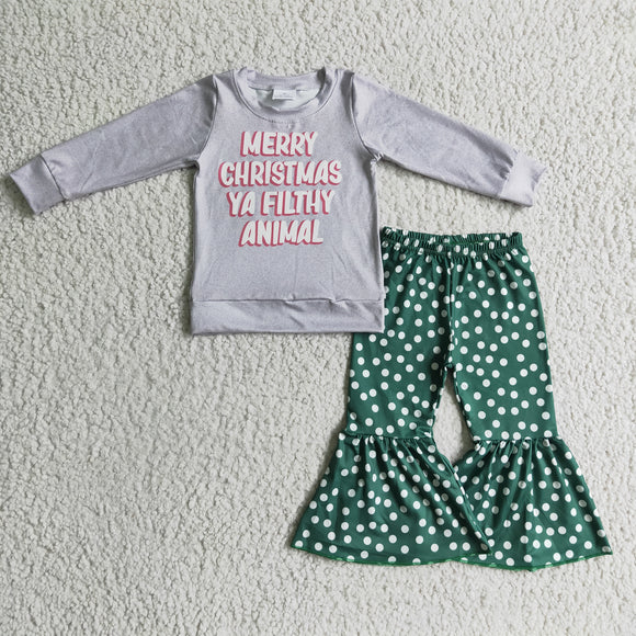 Promotional Merry Christmas Letters Gray Green Girls Christmas Outfits
