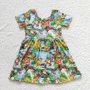 Promotional Cartoon Forest Animals Green Girls Short Sleeve Dress