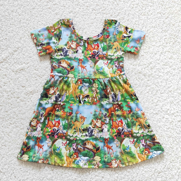 Promotional Cartoon Forest Animals Green Girls Short Sleeve Dress