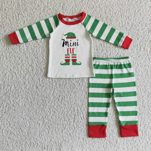 Promotional Kids Cartoon Green Stripe Mommy & Me Mini Boys Christmas Pajamas