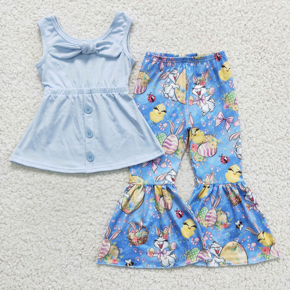 Rabbit Chick Egg Sky Blue Bow Girls Easter Outfits