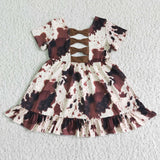 Promotional Cow Print Brown Bows Girls Short Sleeve Dress