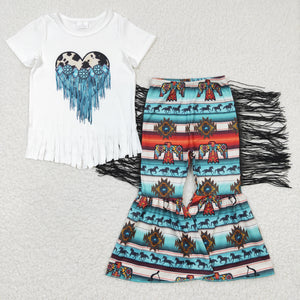 Cowhide White Gem Black Tassels Girls Short Sleeve+Trousers Sets