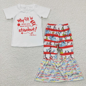Promotional Cartoon Cats Reading Letters White Girls Short Sleeve+Trousers Sets