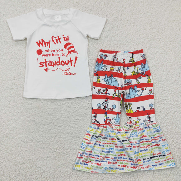Promotional Cartoon Cats Reading Letters White Girls Short Sleeve+Trousers Sets