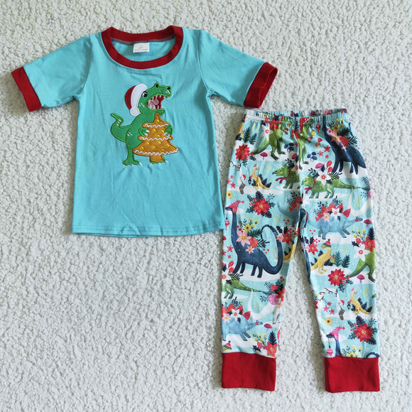 Dinosaur Embroidery Blue Boys Christmas Outfits