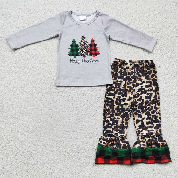 Promotional Tree Leopard Print Plaid Girls Christmas Outfits