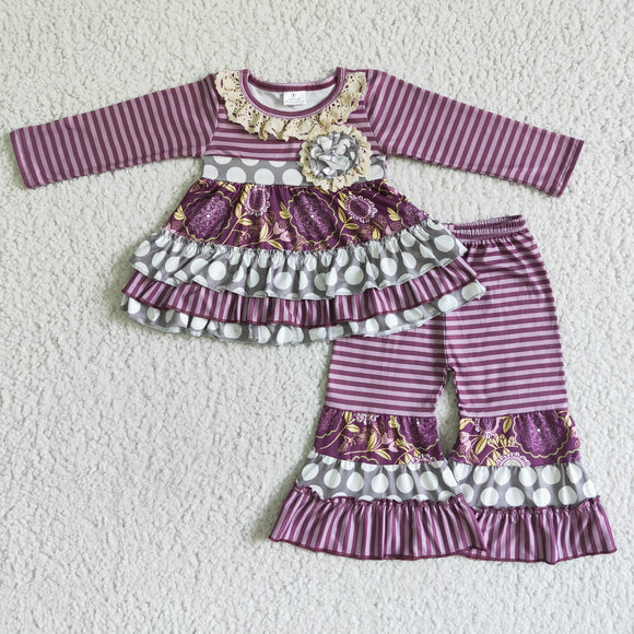 Promotional Purple Stripes Floral Girls Long Sleeve+Trousers Sets