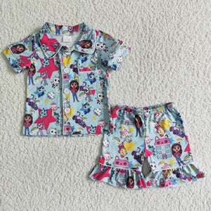 Promotional Cartoon Blue Girls Short Sleeve Pajamas