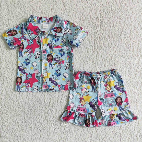 Promotional Cartoon Blue Girls Short Sleeve Pajamas