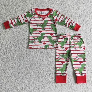 Dinosaur Red Stripes Boys Christmas Pajamas
