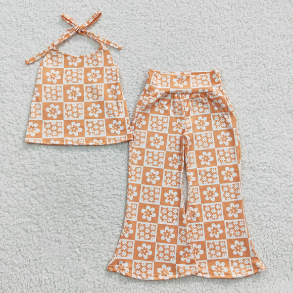 Floral Plaid Orange Girls Short Sleeve+Trousers Sets