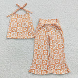 Floral Plaid Orange Girls Short Sleeve+Trousers Sets