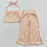 Floral Plaid Orange Girls Short Sleeve+Trousers Sets