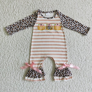 Three Pumpkins Embroidery Khaki Stripe Leopard Print Girls Fall Romper