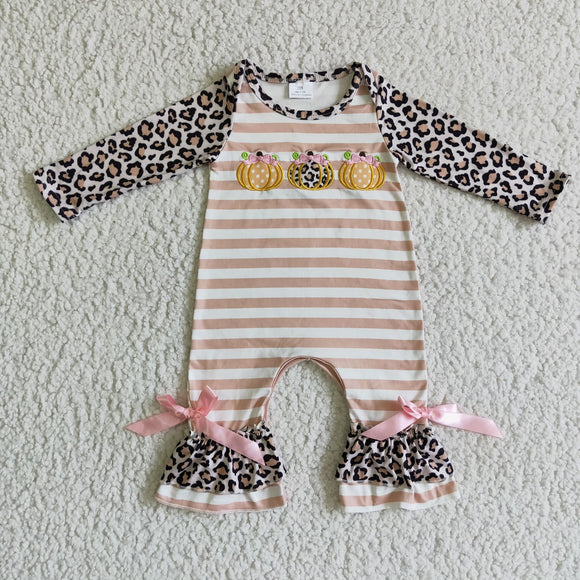 Three Pumpkins Embroidery Khaki Stripe Leopard Print Girls Fall Romper