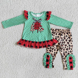 Promotional Trees Green Leopard Print Legging Girls Christmas Outfits