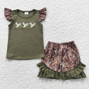 Jungle Hunting Camo Wild Duck Army Green Girls Shorts Sets