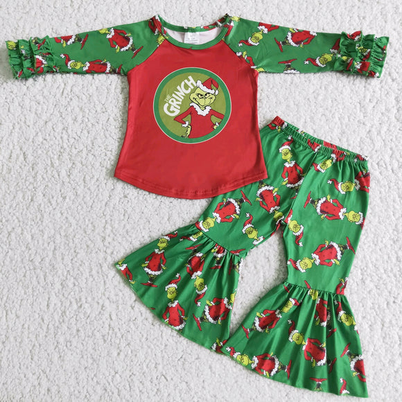 Promotional Cartoon Green Red Girls Christmas Outfits