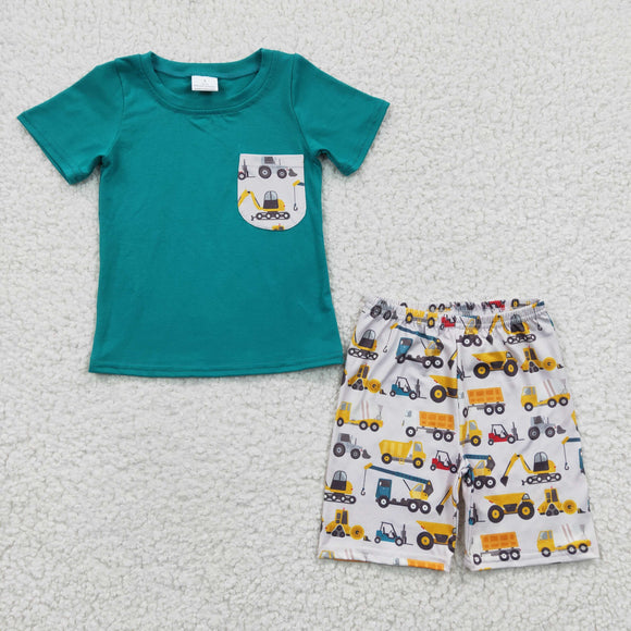 Promotional Tractor Cars Green Boys Shorts Sets