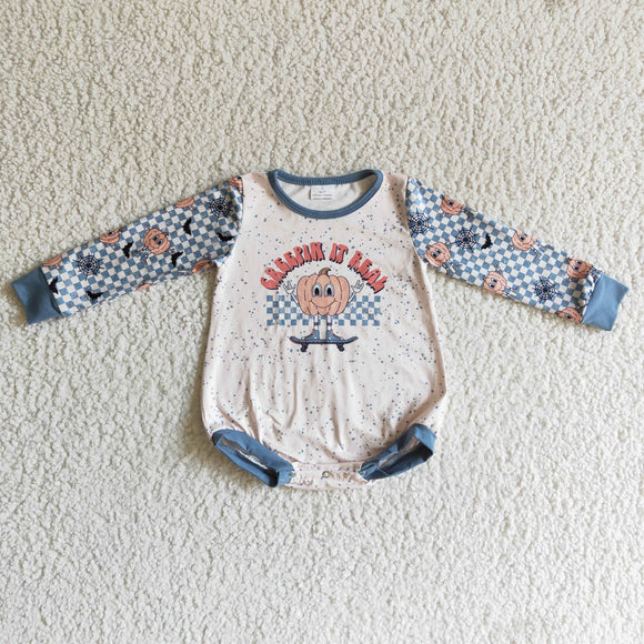 Pumpkin Blue Plaid Khaki Halloween Romper