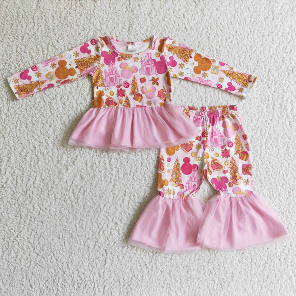 Cartoon Castle Pink Gauze Girls Christmas Outfits