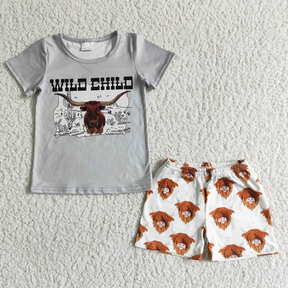 Wild Child Gray Cow Boys Shorts Sets