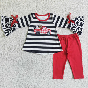 Cow Horse Truck Embroidery Stripes Red Girls Long Sleeve+Trousers Sets