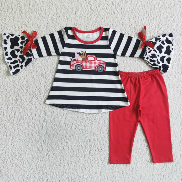 Cow Horse Truck Embroidery Stripes Red Girls Long Sleeve+Trousers Sets