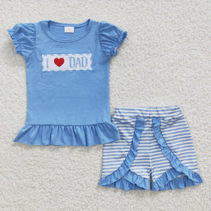 I Love Dad Stripe Blue Girls Shorts Sets
